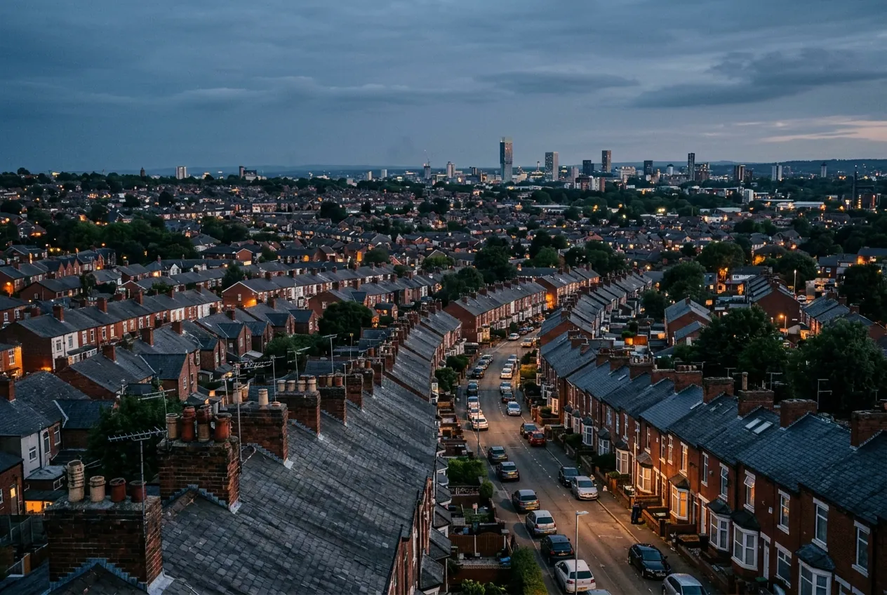 Rooftops across a Greater Manchester suburb at dusk